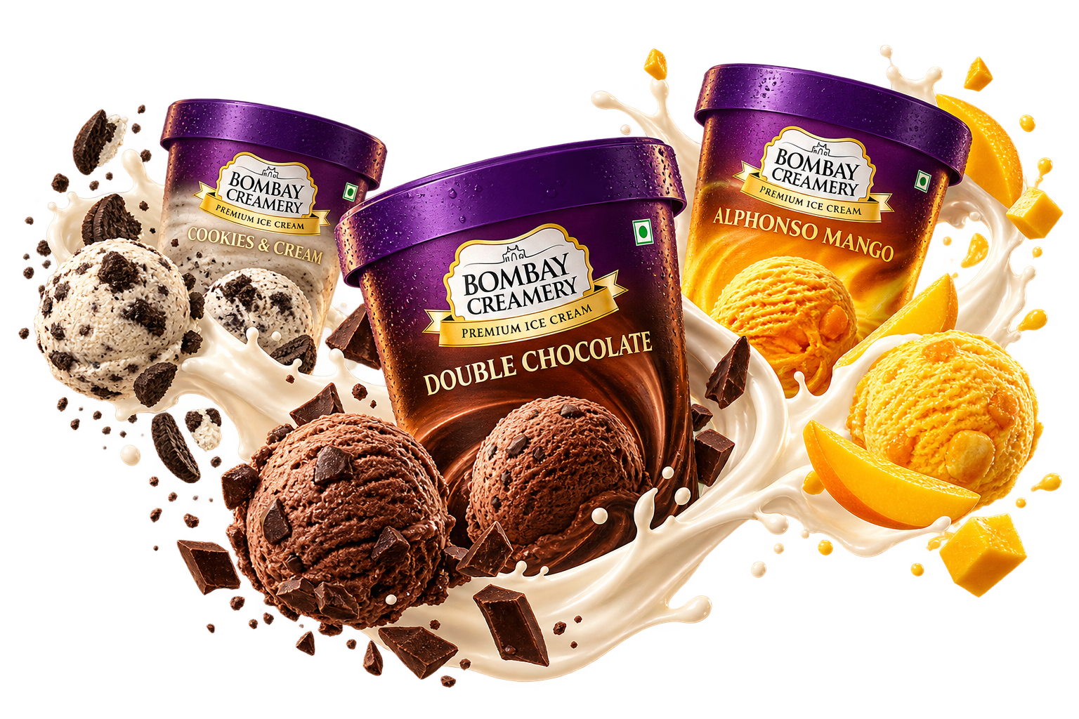 Bombay Creamery Cookies & Cream, Double Chocolate and Alphonso Mango tubs with splashing cream